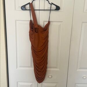 Rust One-Shoulder Ruched Dress